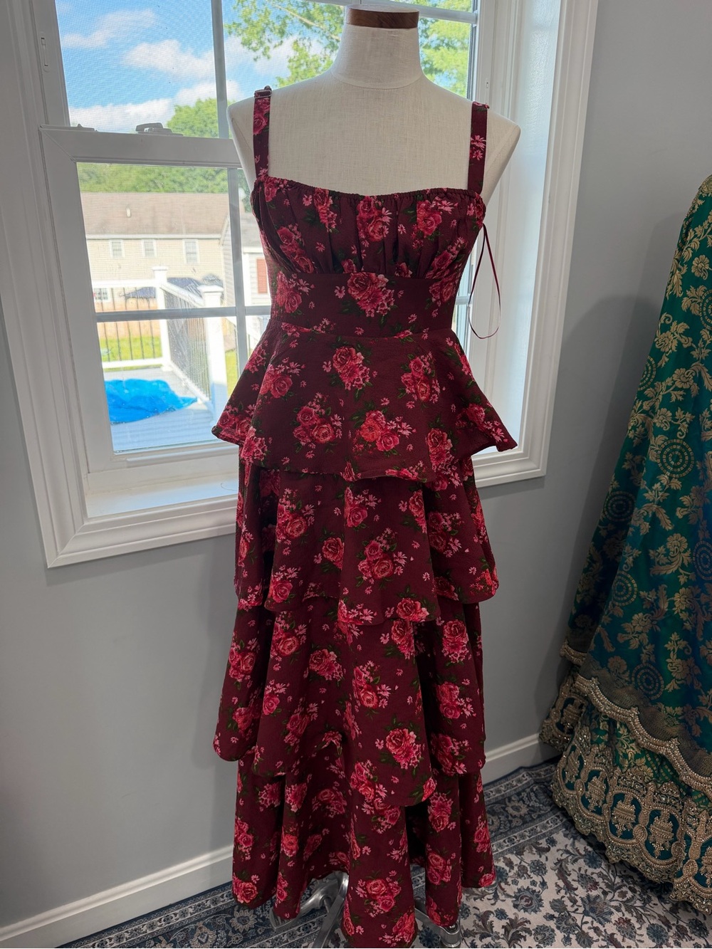 Altar'd State Burgundy Maxi Dress with Pink Rose Print
